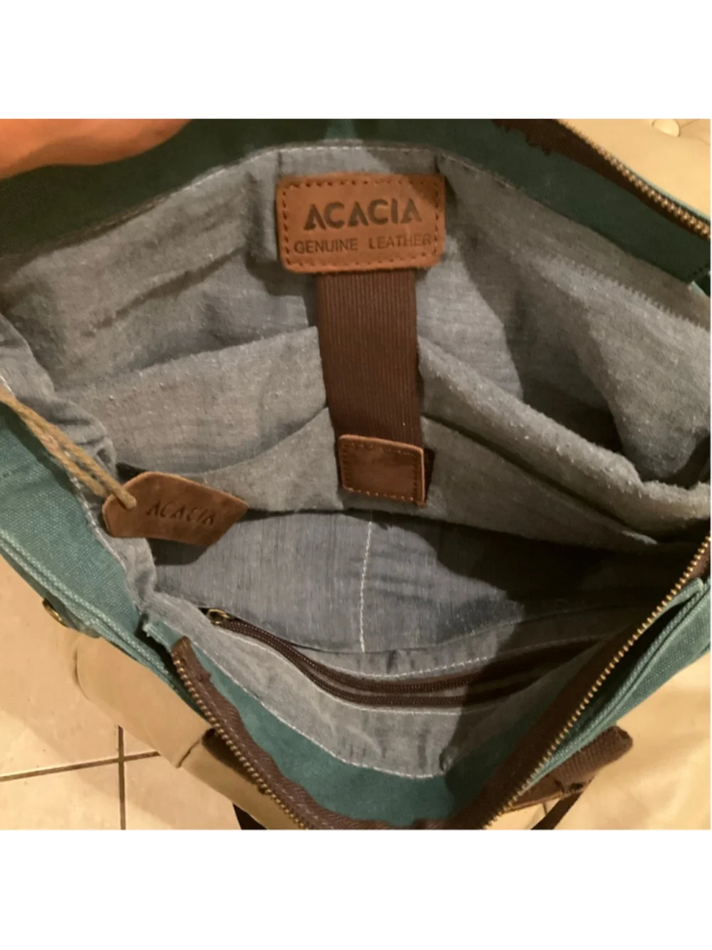 Acacia Canvas & Genuine Leather Backpack Tote Bag Teal - Picture 6 of 7